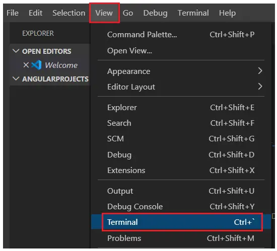 Opening Visual Studio Code terminal to create angular project